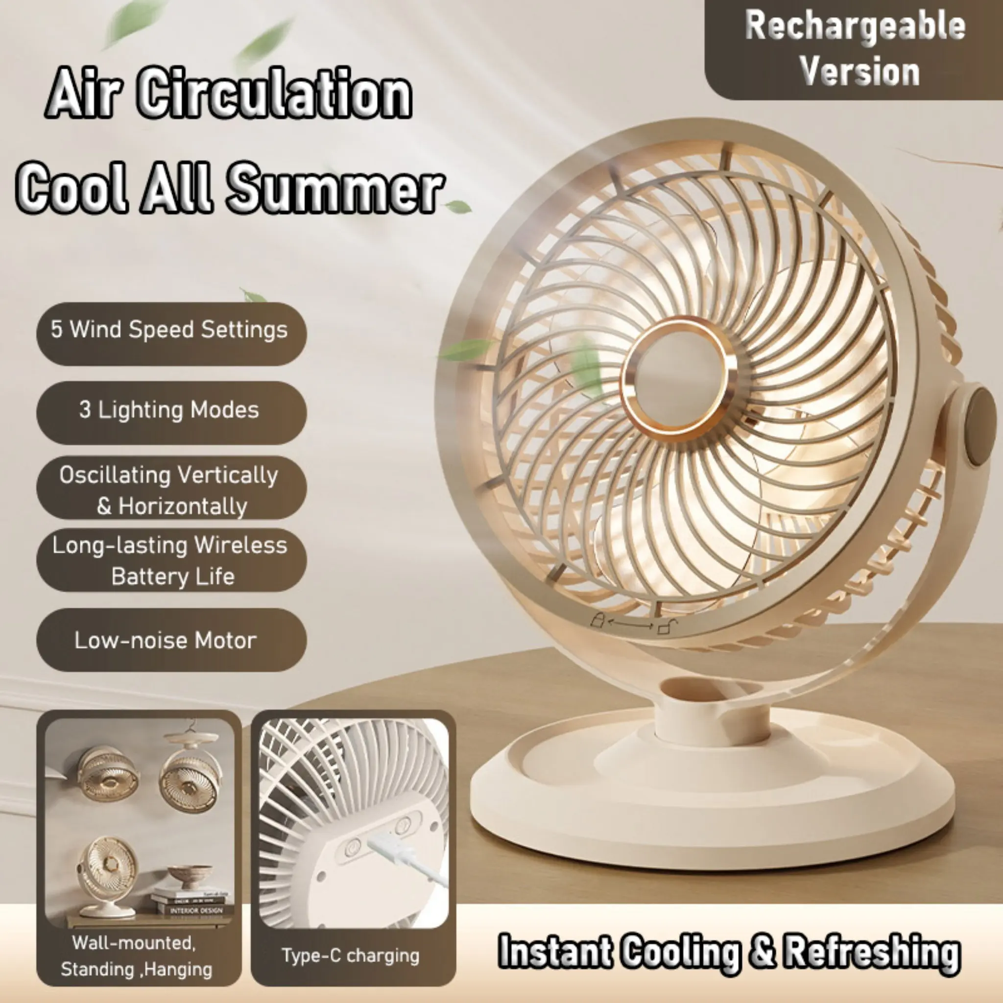 USB Charging Mini Oscillating Fan with 3-Level Night Light, Quiet Desktop Circulating Fan for Office Desk, Portable Cordless Rechargeable Fan for Outdoor Camping Travel, 5 Speed Adjustable Cooling Fan