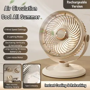 USB Charging Mini Oscillating Fan with 3-Level Night Light, Quiet Desktop Circulating Fan for Office Desk, Portable Cordless Rechargeable Fan for Outdoor Camping Travel, 5 Speed Adjustable Cooling Fan
