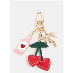 Cherry Bag Charm Keychain with Gold Accents Playful Leather Look Cherries Gold Palm Tree & Bottle Charm Lightweight Trendy Accessory