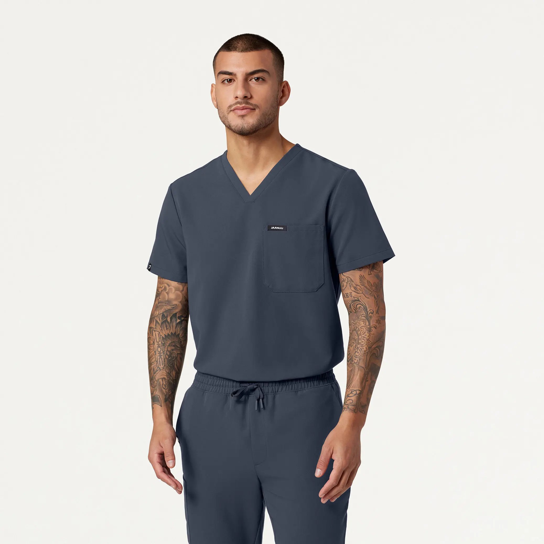 JAANUU Holmes Men's Classic V-Neck Scrub Top - Menswear Workwear Uniforms, 1-Pocket, 4-Way Stretch Soft UltraLAST Wrinkle Resistant - Carbon Gray & Black