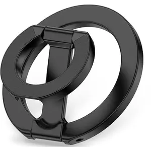 Phone Grip & Stand - Dual-Sided Magnetic Finger Ring with Adjustable Kickstand Loop in Black Finish Metal Material