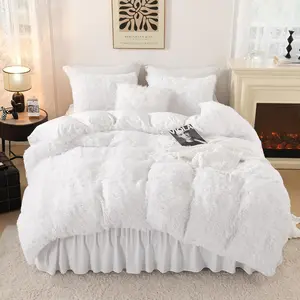 White Comforter King Size, Luxury Shaggy Faux Fur Plush Bedding for King, Soft Warm Velvet Bed Set 3 Pieces(1 Fuzzy Comforter 104*90 Inch, 2 Pillowcases)