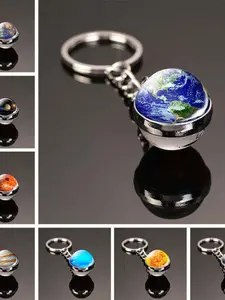 1pc planetary pattern double-sided glass ball pendant with metal chain keychain, a durable keychain suitable as a gift for friends and family, Keychain For Bags