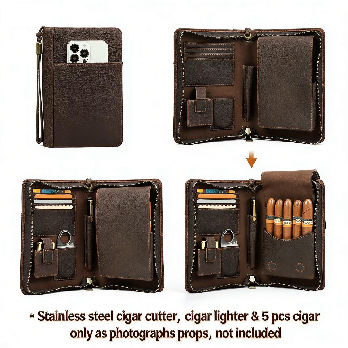 Vintage Leather Cigar Travel Case (Holds 5 Cigars), Portable Cigar Accessories Organizer with Zipper, Durable Storage Pouch for Men