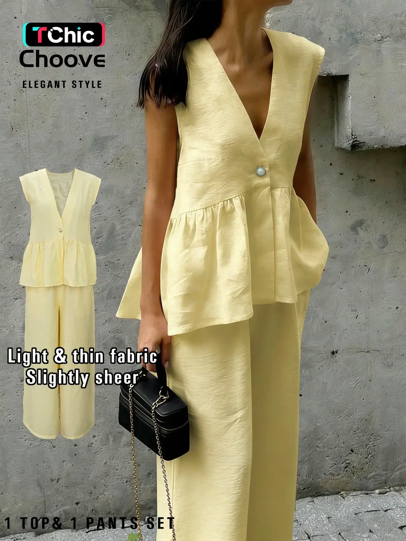 Summer Women's Elegant Two-Piece Set, Loose Fit Vneck Top & Pants, Pocket Design, Lightweight Breathable Fabric, Comfortable, Chic and Stylish, Clothes