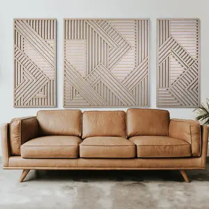 Geometric Wood Wall Art Set of 3 (44" x 92.5" Overall) – Large Modern Statement Panels, Minimalist Natural Wood Decor