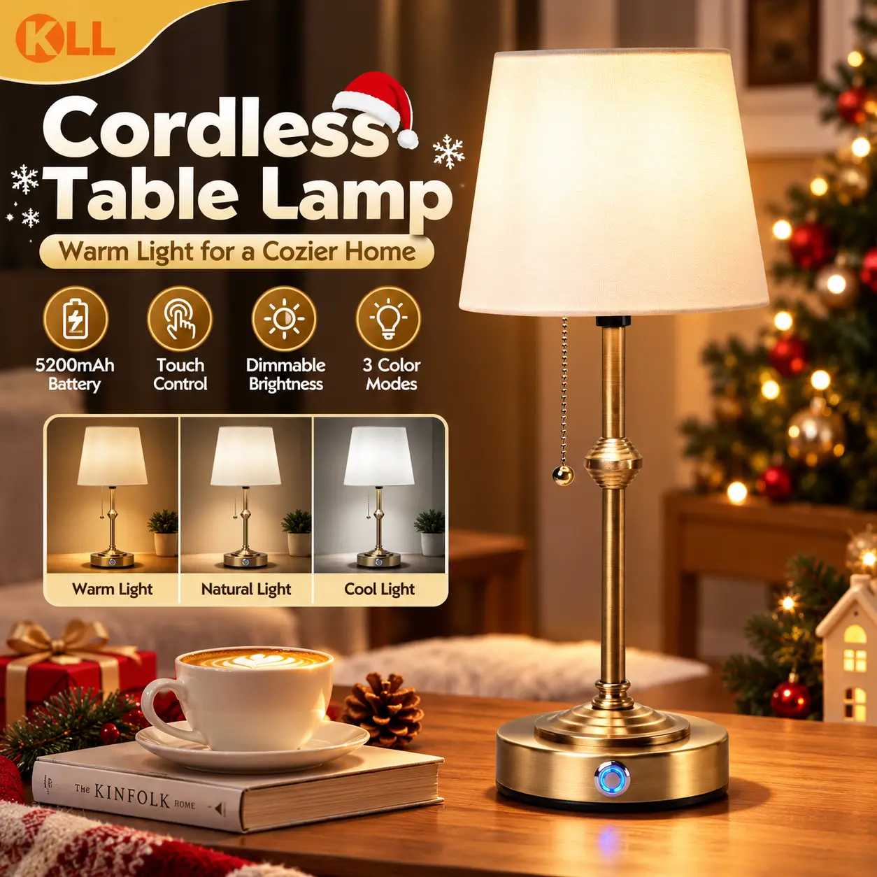 Rechargeable Cordless Table Lamp 5200mAh Battery Powered Dimmable Desk Lamp LED Night Light, Bedside Night Light with Fabric Shade for Bedroom Dining Room Camping Cafe, 3 Color Dimmable Touch Lamp