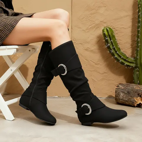 Lurnyet Women's Wide Calf Knee-high Boots Slouchy Faux Suede Flat Heel Round Toe Footwear with Side Zipper & 2 Metal Buckle Fashion Trendy Fall Winter Long Tall Boots Girl Casual Dressy Shoes Botas for Daily Wear Classic