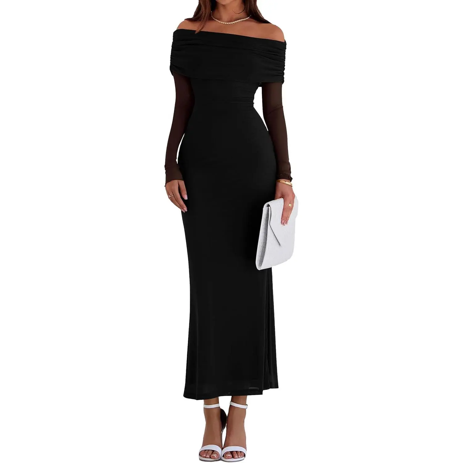 Women's 2025 Fall Formal Long Sleeve Off-The-Shoulder Maternity Bodycon Maxi Dress - Elegant Minimalist Apricot, Slim Fit, Wedding Guest Workwear with Baby Cardigan, Ankle Length, Baby Shower Outfit