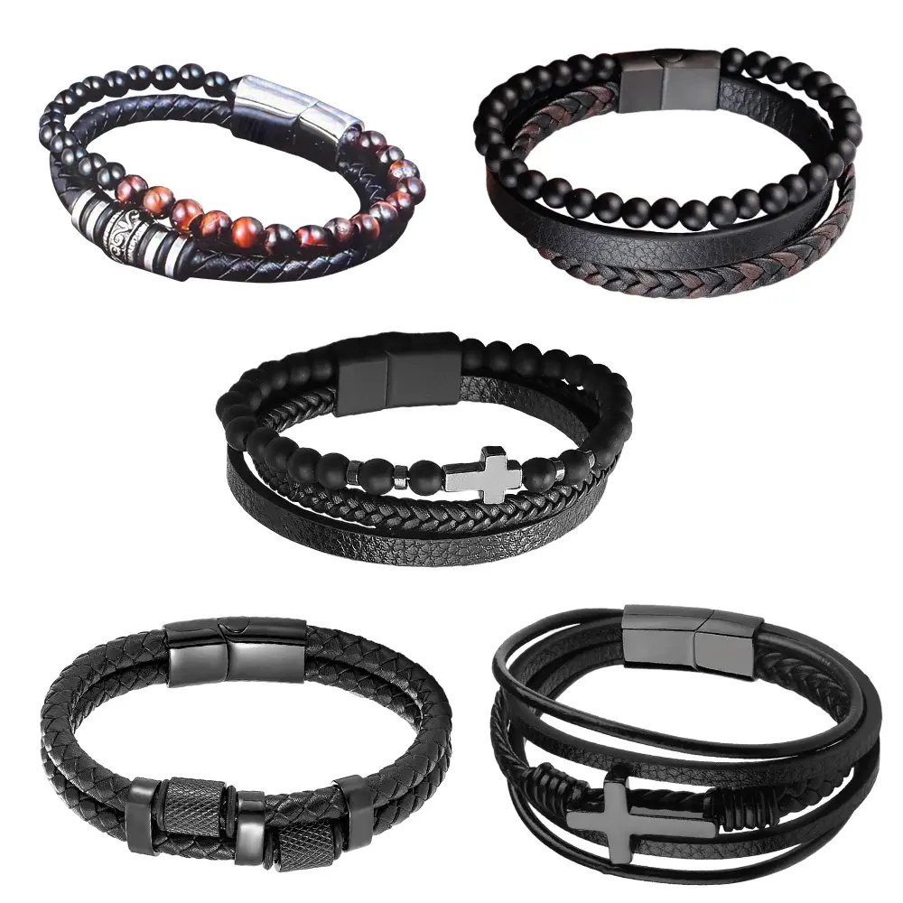 Unisex 5-Piece Black Leather Bracelet Set - Adjustable Braided Leather, Durable Comfortable Stainless Steel Cuffs, Vintage Wristband Jewelry for Anniversary,Wedding Gifts, Braided Look, Arm Candy Accessories, Bracelet Stacking, Perfect Size