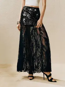 Luxurious Sequined Lace Overlay Long Skirt, Womenswear, Elegant and Stylish, Perfect for Evening Parties, Fashionable Events, High-End Social Gatherings