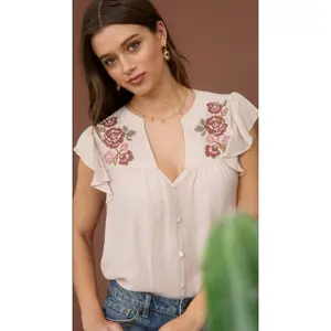Wild Fern Blouse - Earthy Khaki Floral Embroidery Short Sleeve Button Down Top for Women's Relaxed Fit