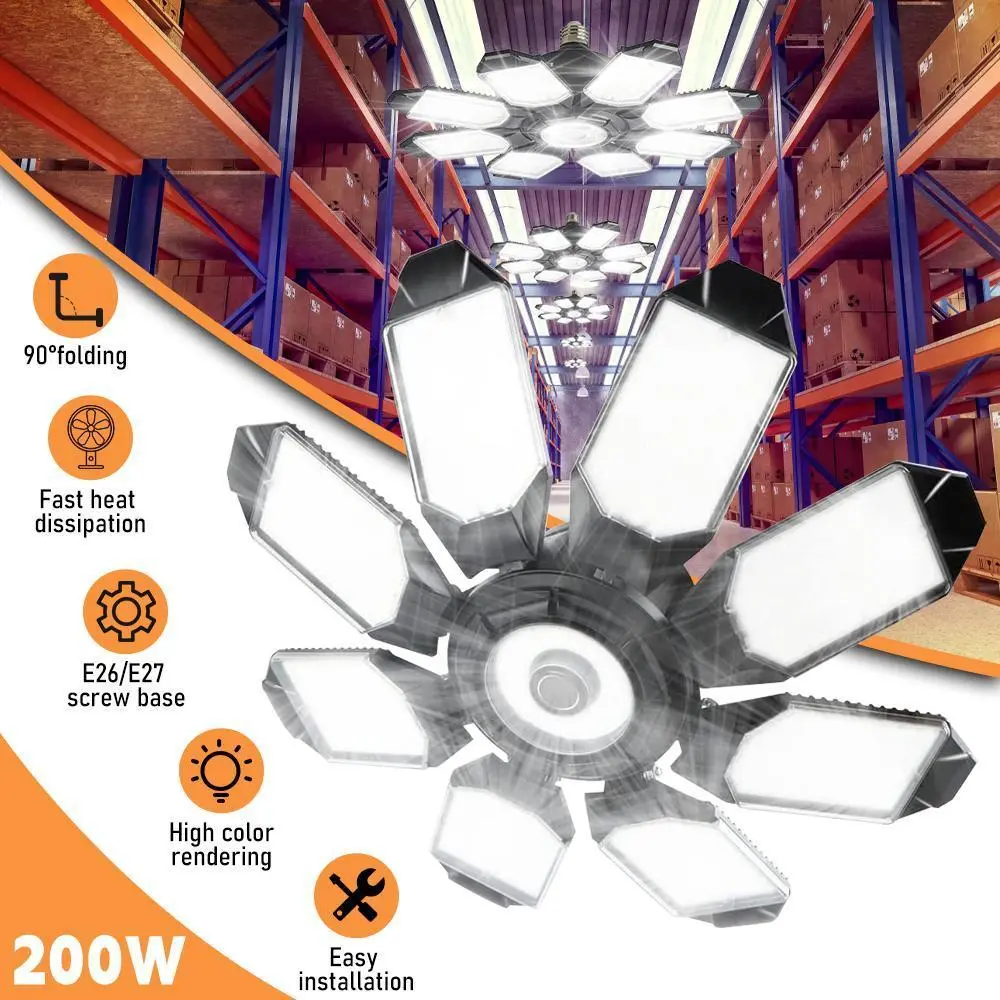 8+1 Panel Deformable Super Bright LED Garage Light, E26-E27 Bulb Socket, Easy Installation, High Color Rendering Commercial Lighting for Workshop, Warehouse, Garage Lighting, Super Bright Led Lights
