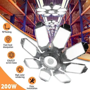 LED Garage Light, 8+1 Deformable Panels E26 E27 Bulb Socket for Workshop Storage Room Warehouse Attic