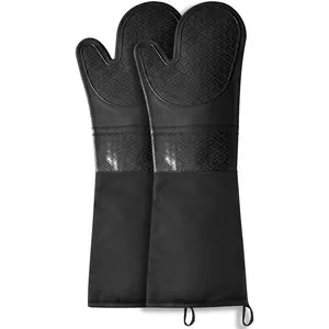 Extra Long Silicone Oven Mitts, Heat Resistant Oven Gloves with Quilted Liner Non-Slip Textured Grip Perfect for BBQ, Baking, Cooking and Grilling - 1 Pair 20 Inch Black FunSiltasy