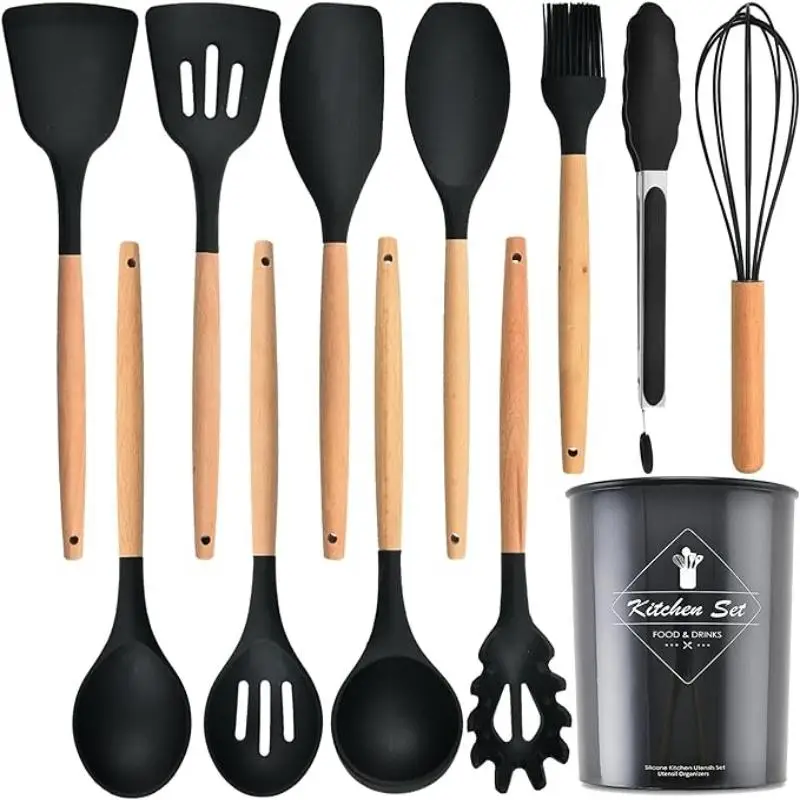 Kitchen Utensils Set, 12pcs/set Wooden Handle Silicone Cooking Utensils Set, Heat Resistant Non-stick Food Grade Silicone Kitchen Tools Set for Home D