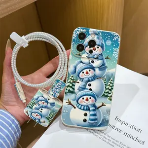 6 Piece Set Christmas Snowman Phone Case, Charger Head Cover, Cable Protector, Storage Rope, Data Line Protection, Fits iPhone 6-17 Pro Max