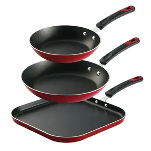 Tramontina everyday 3 pc aluminum nonstick fry pan and griddle set – metallic red
