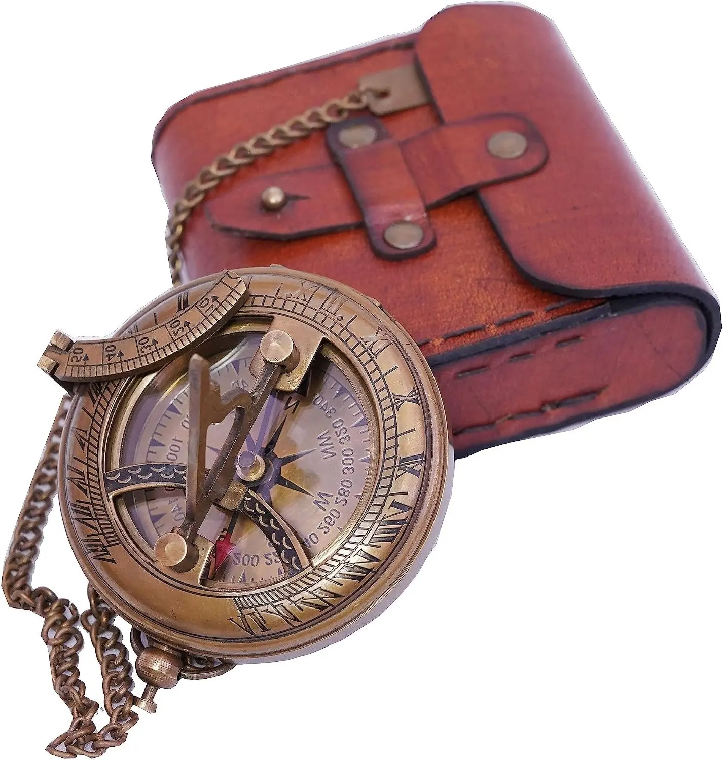Handcrafted Antique Brass Sundial Compass with Leather Case Gift