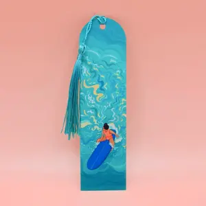 Surfer Girl Summer Metal Bookmark Original Art Handmade with Tassel Design for Book Lovers