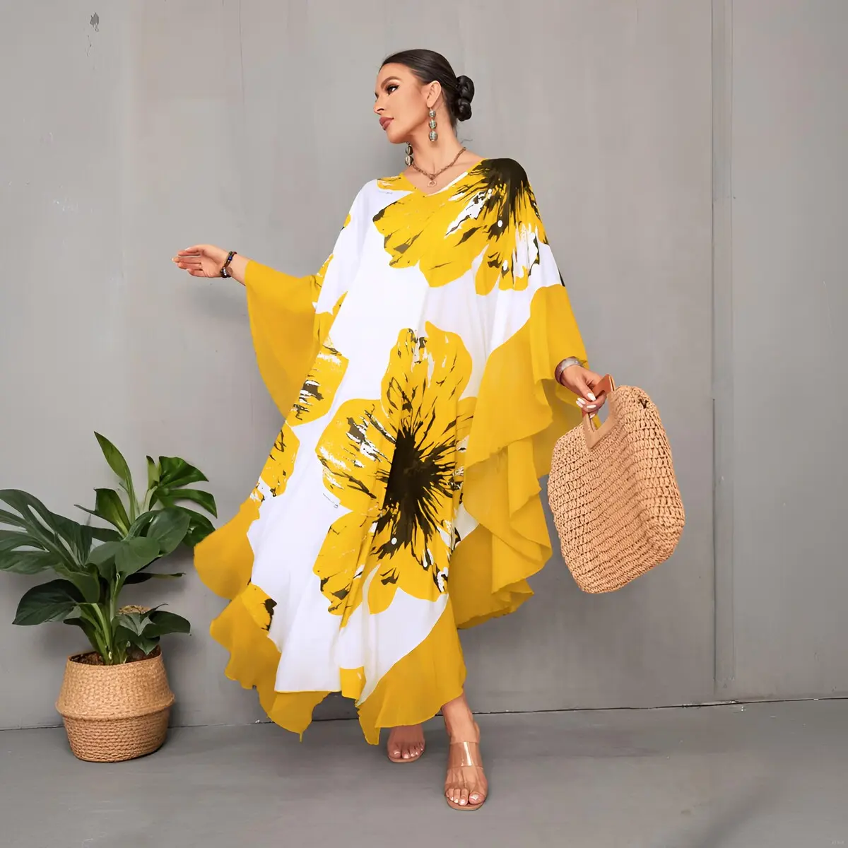 Bsubseach Women Ethnic Print Kaftan  Dress Plus Size Swimsuit Cover Up,Mrs. Roper Kaftan ，Swimsuit，bubu，mumu，Casual Womenswear  Modesty Muslim Clothing Summer Baggy