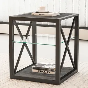 Rustic End Table for Living Room 17.7" Bedroom Nightstand, Modern Tempered Glass Shelf & Wood MDF Top Square Side Table 1 Piece, Industrial Style Grey