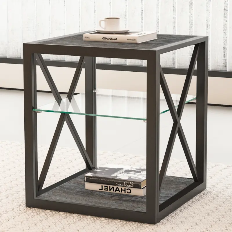 Industrial Rustic Cube End Table - 17.72x17.72x21.07 in, 21.60 lbs, Black, Easy to Clean, Modern Tempered Glass Shelf & Wood MDF Top, Living Room/Bedroom Nightstand Side Table (1 Piece)
