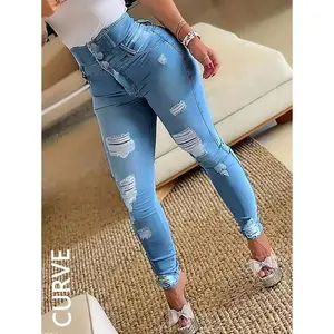 Plus Size Women’s Stretch Skinny Jeans – High-Waisted Ripped Denim Pants with Buttons and Zipper, Comfortable Slim Fit, Suitable for Curvy Women’s Long Jeans