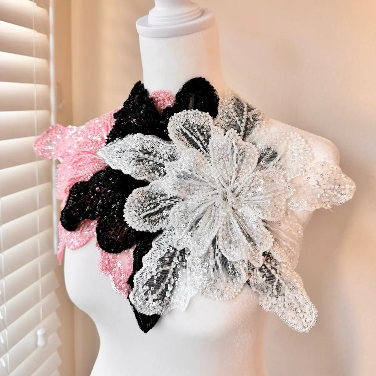 Big Flower Applique (11” x 12”) Pink, Black, White Sequine Applique Beaded with Rhinestones and Beads, Dance Costume, Ballet, Kids dress