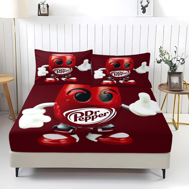 Dr Pepper Brand Theme Fitted Sheet Set, Red Humanoid Fun Drink Can, Soft Skin-Friendly Dustproof Anti-Wrinkle, Trendy Bedroom Decor for Brand Lovers, Include 1 Fitted Sheet & 2 Pillowcase without Core