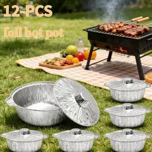 Set of 12 Disposable Round Aluminum Foil Baking Dishes with Covers, Suitable for Food Use, Heat-Resistant Aluminum Containers Ideal for Travel, Camping, Cooking, Reheating, And Storage, Versatile Meal Prep Food Containers