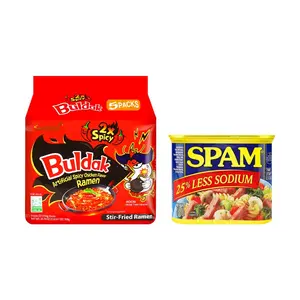 SAMYANG Korean 2x Spicy Buldak Noodles Hot Chicken Flavor Ramen 5 Packs* 4.93oz+Luncheon Meat Ham,Low Sodium 12oz【2 Combo Packs】