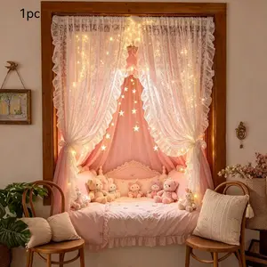 1 piece French Jacquard Short Curtain | Rustic Floral Gauze Curtain | Wavy Edge | Small Bedroom Bay Window Curtain | White Soft and Gentle Rustic Jacquard Style Semi-transparent Soft Light · No-drill Small Short Curtain