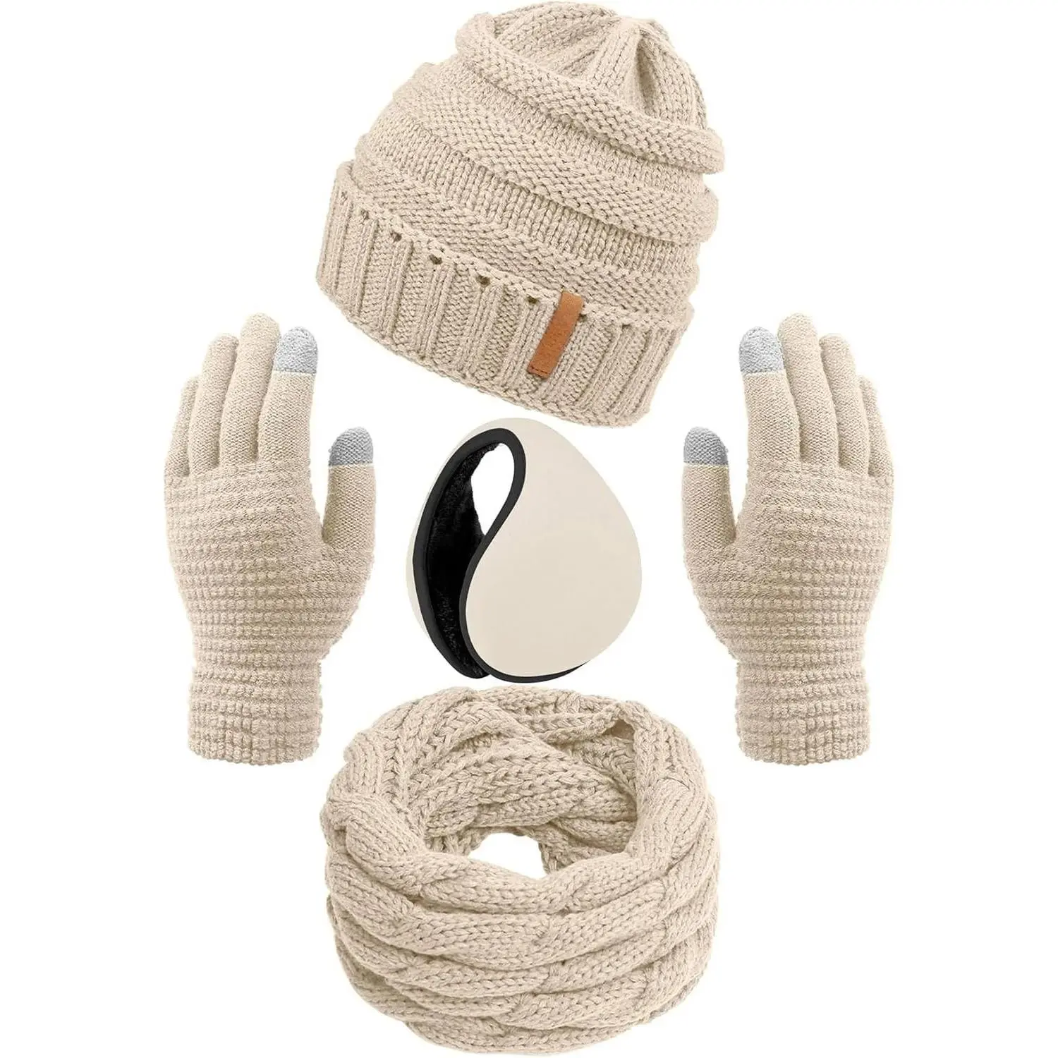 Winter Knit Beanie Scarf Gloves Ear Warmer Set Touchscreen Knitted Hat And Scarf Set Touch Screen Gloves Winter Plush  main image 3