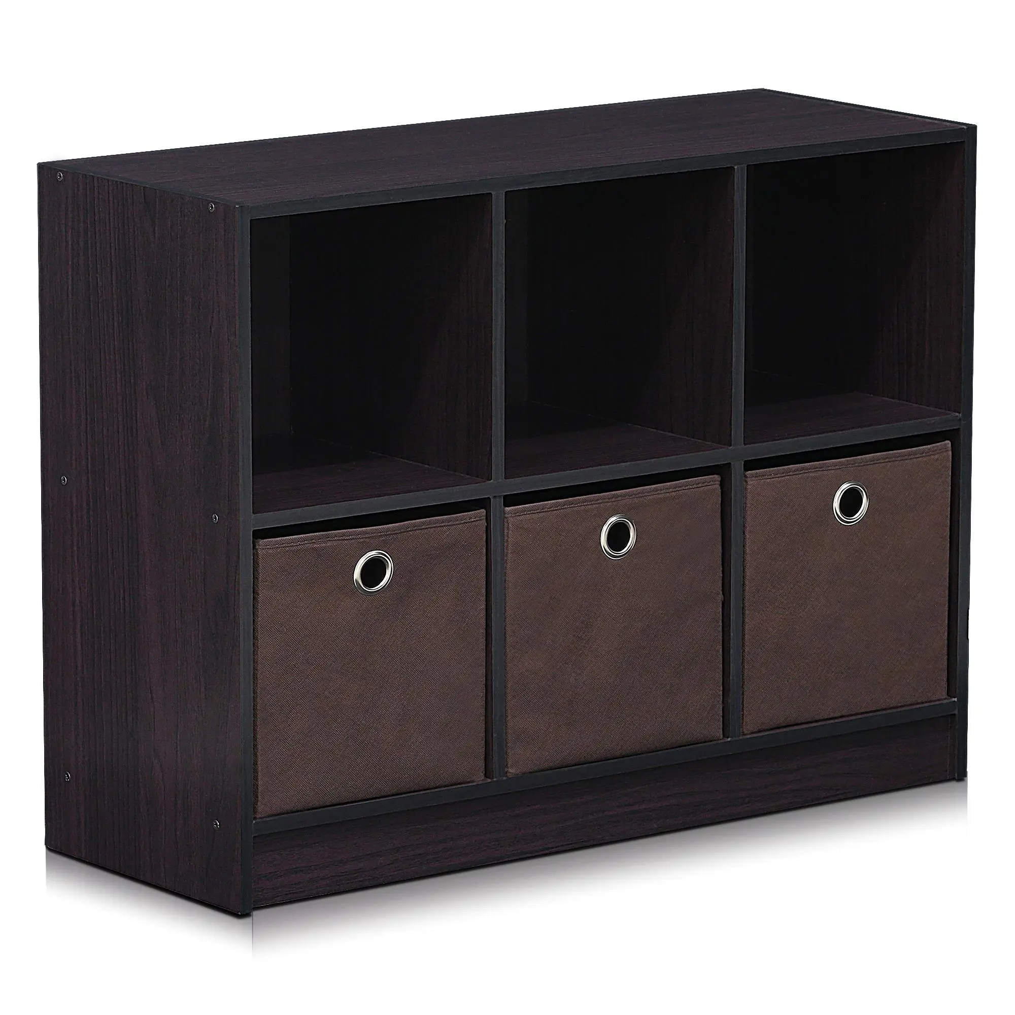 Modern Bookshelf - 3x2 Cube Stackable Composite Wood Bookcase, 6-Cube Storage with Bins, 11.9" Deep x31.6"x23.6", Durable, Some Assembly Required, Dark Walnut, Book Nook for Collectibles, Clean Aesthetic Small Room Living Room Home Office Shelving