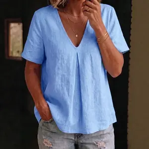 Women's Pleated Cotton-Linen Short-Sleeve Shirt – 5 Colors S–XXL