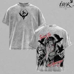 Itachi Vintage Washed Oversized Good Graphic Tees – Silent Ninja Shadow Graphic Anime Shirt, Crimson Eye Raven Manga Art, Casual Streetwear Apparel, Unisex Top, Gift for Anime Fans