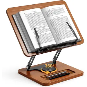 Book Stand for Reading, 360° Rotating Hands Free Book Holder, Adjustable Height and Angle, Page Clip for Cookbook, Recipe, Magazine, Laptop, Tablet, Foldable for Kitchen, Office, School