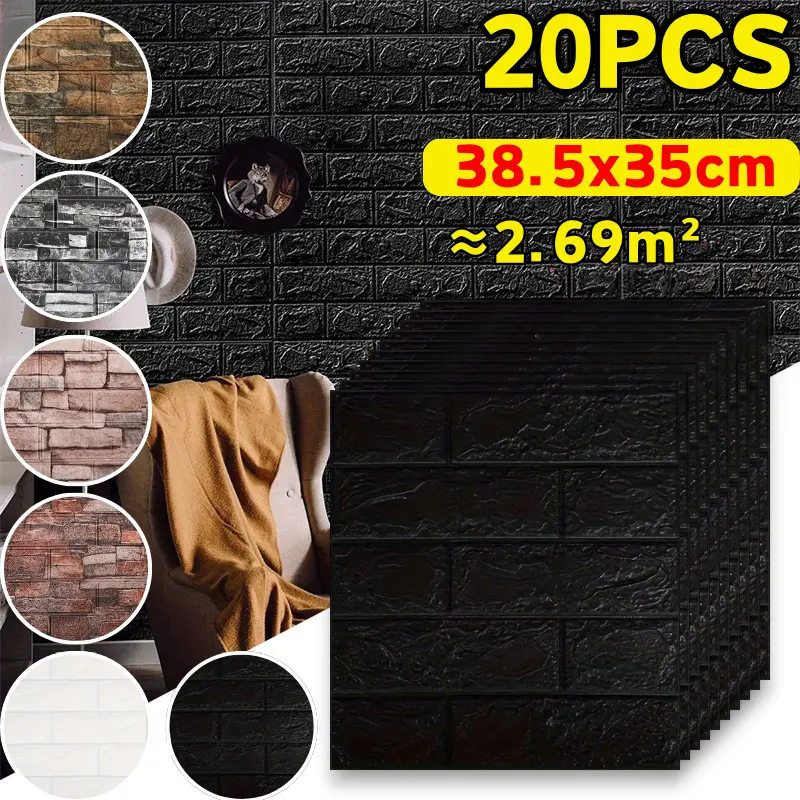 20pc 3D Brick Wallpaper 38cmx35cm Waterproof Self-adhesive Stain-resistant Classic Wall Stickers for Living Room TV Backdrop