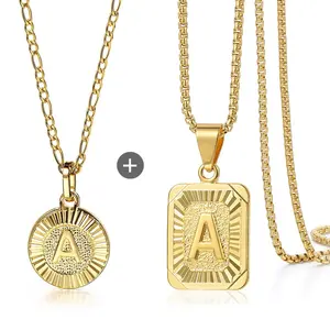 2pcs/set Initial Letter Pendant Necklace Stainless Steel Figaro Box Chain Gold Color Name Unique Jewelry for Women Gift 18inch