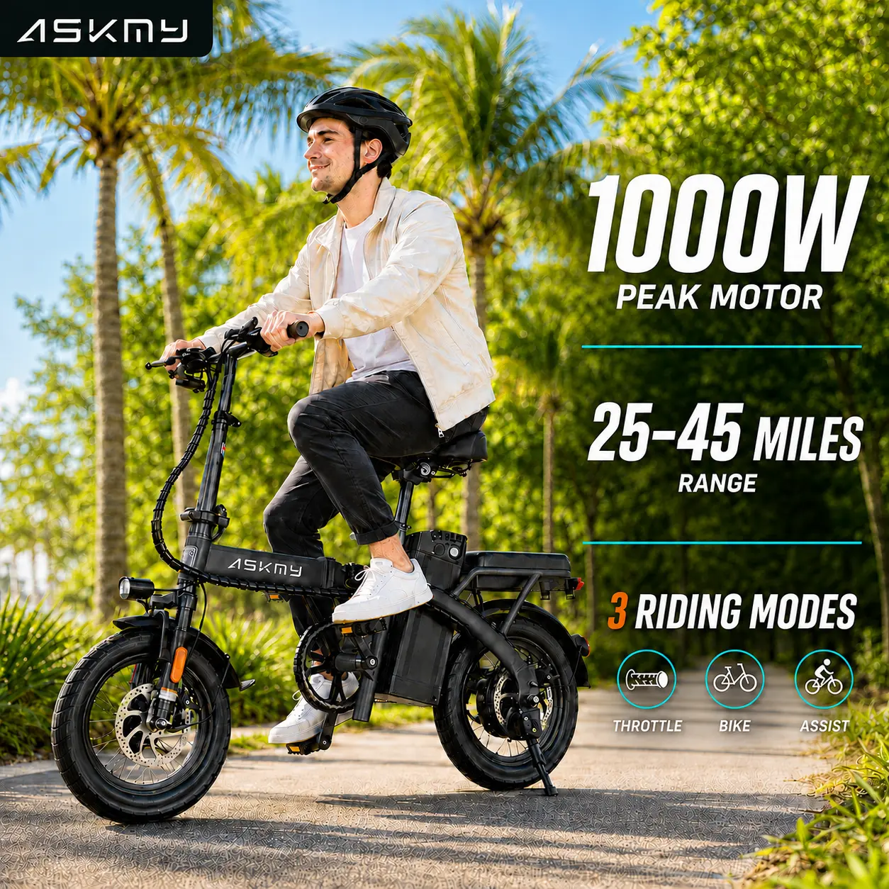 ASKMY E14 Lightweight Folding Electric Bicycle, 750W–1000W Peak Motor | Up to 45 Miles Range | 14" Tubeless Tires, Dual Brakes | UL Certified Battery for Urban Riding