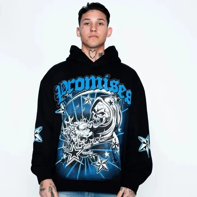 Nautical Gothic Numbskull Star Bling Hoodie – Vintage Hip Hop Y2K Streetwear Graphic Sweatshirt, Rhinestone Skull Star Pullover Hooded Top for Men Women, Retro Biker Fashion, Fall Winter Outfit Gift