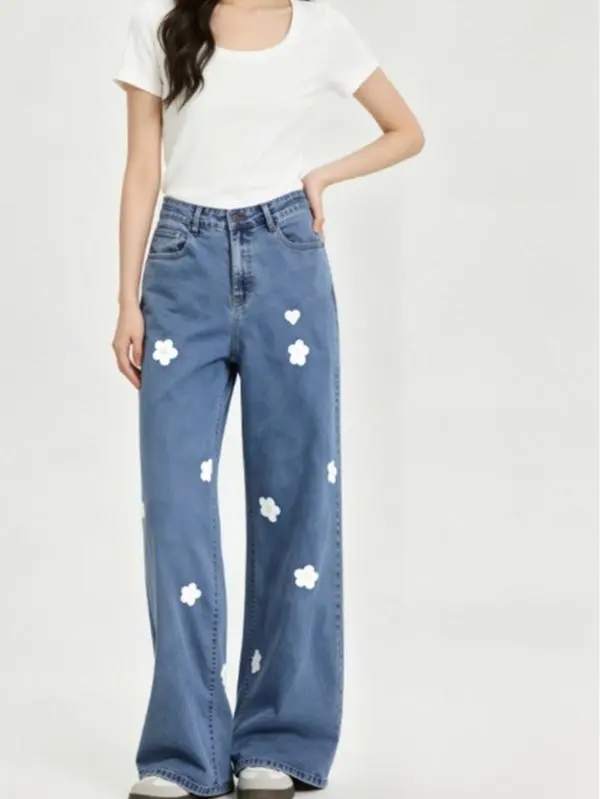 Unisex Ditsy Floral Wide Leg Jeans, High Rise Lightweight Denim with Minimalist Digital Print for Streetwear, Flower, Casual