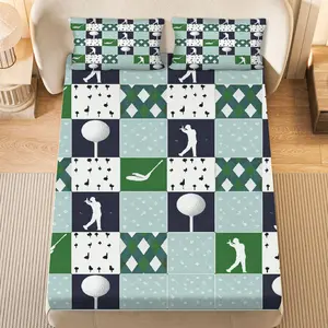 3Pcs Golf Argyle Checkered Fitted Sheet Three Piece Set (1*Fitted Sheet+2*Pillowcases, Coreless), Sports theme, Golf Bedding Set, Mattress protector Soft, Breathable