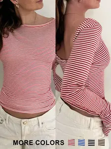 Autumn Winter Striped Backless Knit Women's Top, Casual Comfortable Slim-Fit Long Sleeve, Streetwear Vacation, Fashion Elegant Modest Style