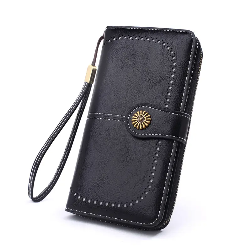 Women's Vintage Chic Clutch Wallet, PU Leather Zip Around Wristlet with Cutout Detail for Daily Card & Phone Storage, Vintage Chic Purse, Zipper Purse,camping essentials