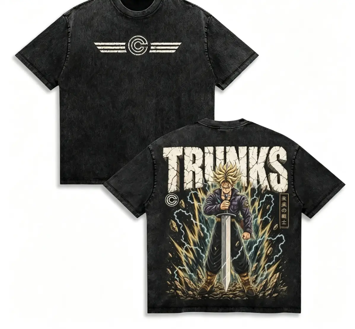 Future Trunks DBZ Vintage Shirt, Sword Time Warrior Lightning Battle Aura Double Printed Large Back Print Graphic Tees Men Unisex Heavyweight Streetwear Top Gift wash loose fit vintage cotton round neck casual t-shirt iftfavorite shirt tee retro staind