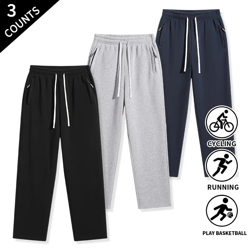 Men's 3-Pack Solid Color Elastic Drawstring Casual Street Joggers Sweatpants - Soft Jogger Trousers with Side Zipper Pockets, Straight Leg Sweatpants