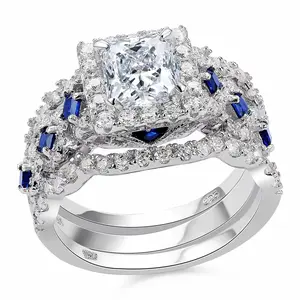 925 Silver 3 Pcs Wedding Rings Set for Women 2.6Ct Princess Cut White Blue AAAAA CZ Luxury Bridal Engagement Jewelry JR4972 #Love Story