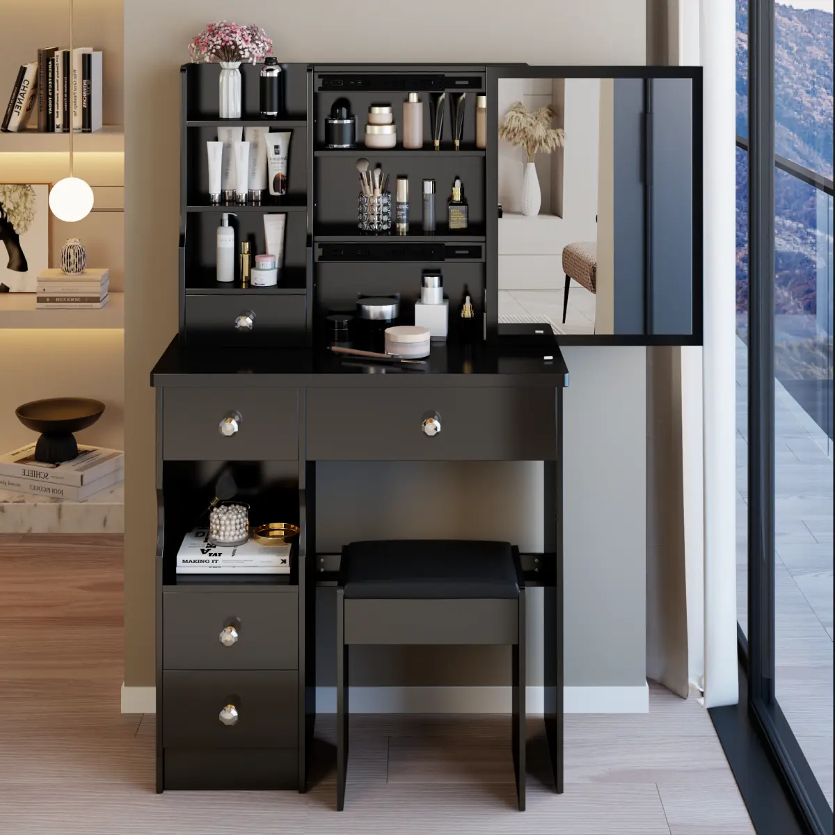 29.2" Small Space Vanity Table Set - Assembly Required, Includes Padded Stool, Makeup Dressing Desk, Left Drawer, Extra-Large Right Sliding Mirror, Multi-Layer High-Capacity Storage